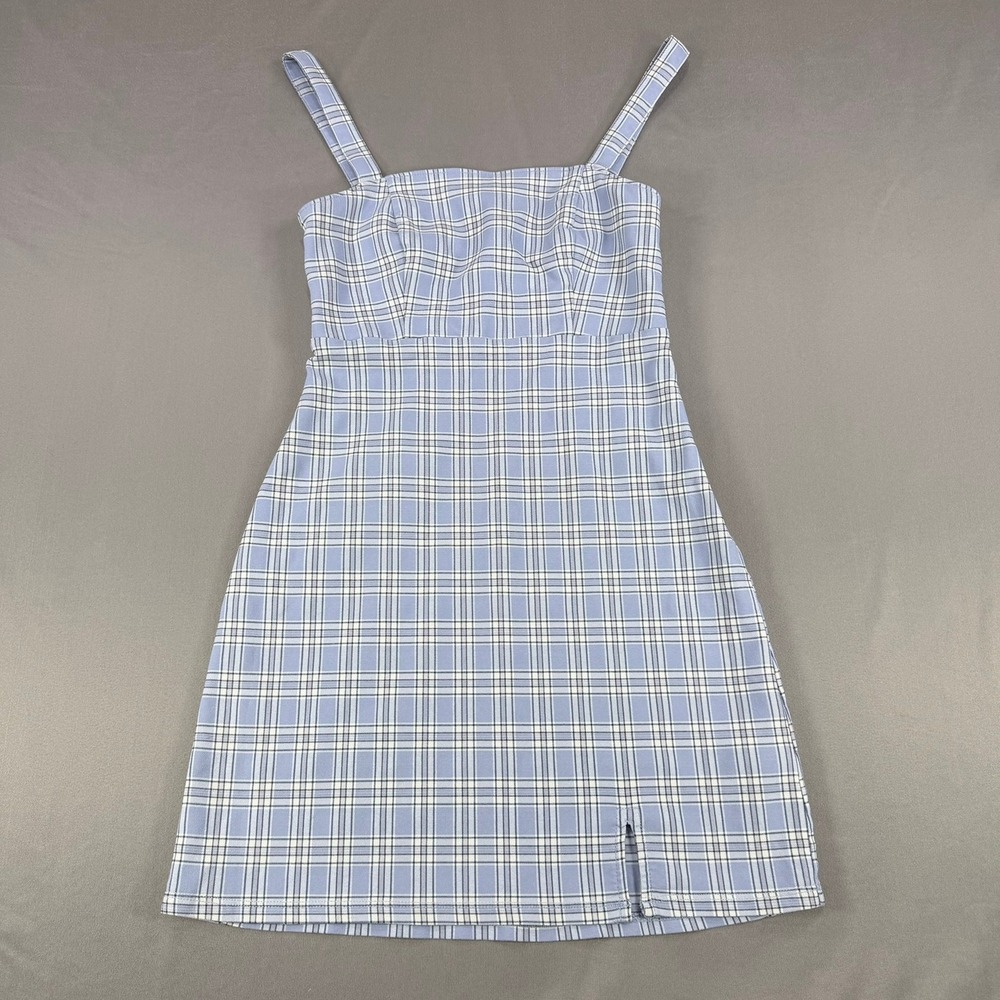 Hollister Plaid Mini Dress Womens XS Blue White Front Slit Casual Summer